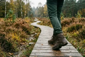 Waterdichte wandelschoenen voor heren op een nat vlonderpad.